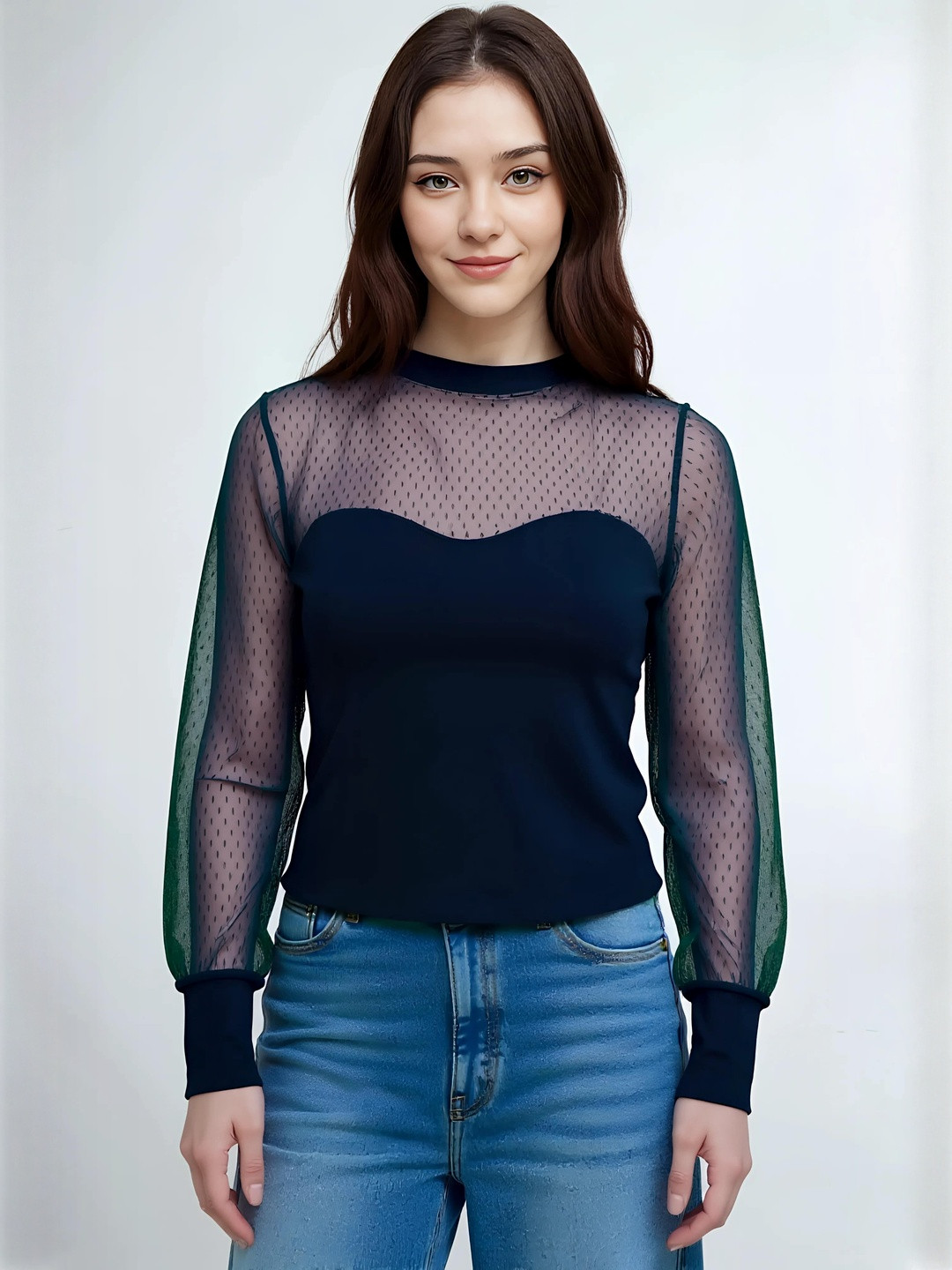 DressBerry Women Full Sleeves Sheer Detail Ribbed Top