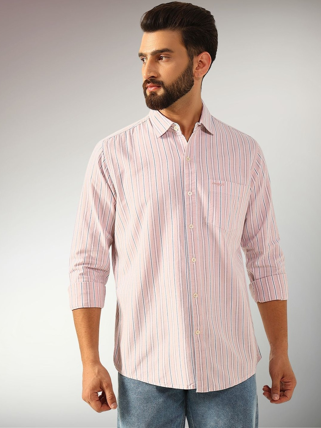 ENSPYR Men Pink Vertical Stripes Cotton Regular Fit Spread Collar Casual Shirt