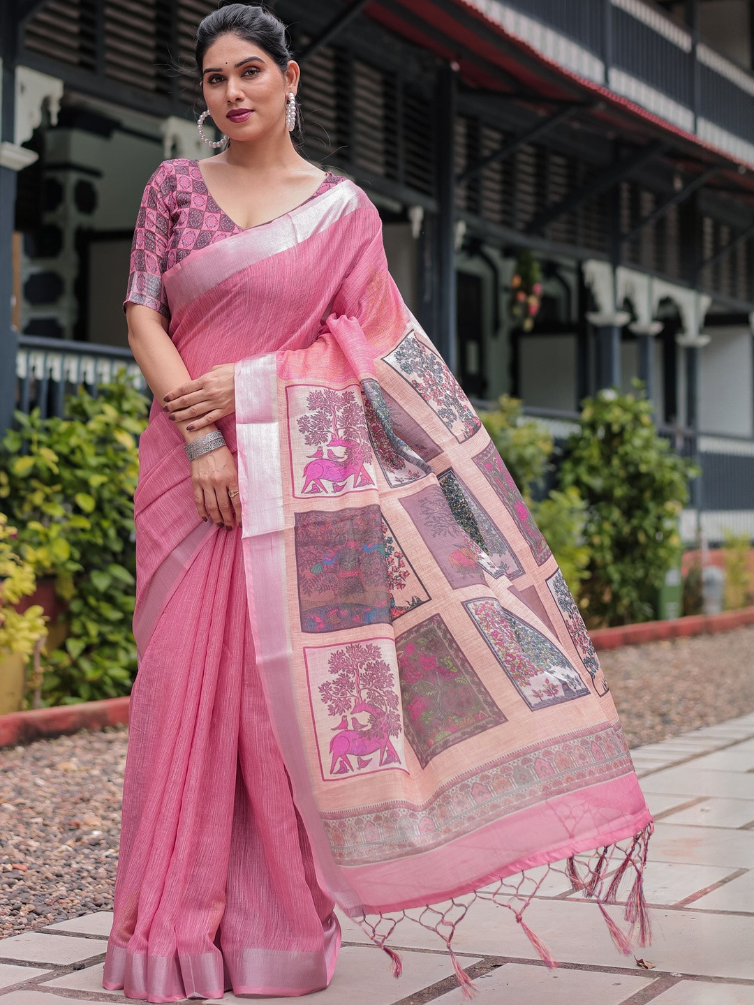 ZIRVI Ethnic Motifs Linen Blend Handloom Tussar Saree