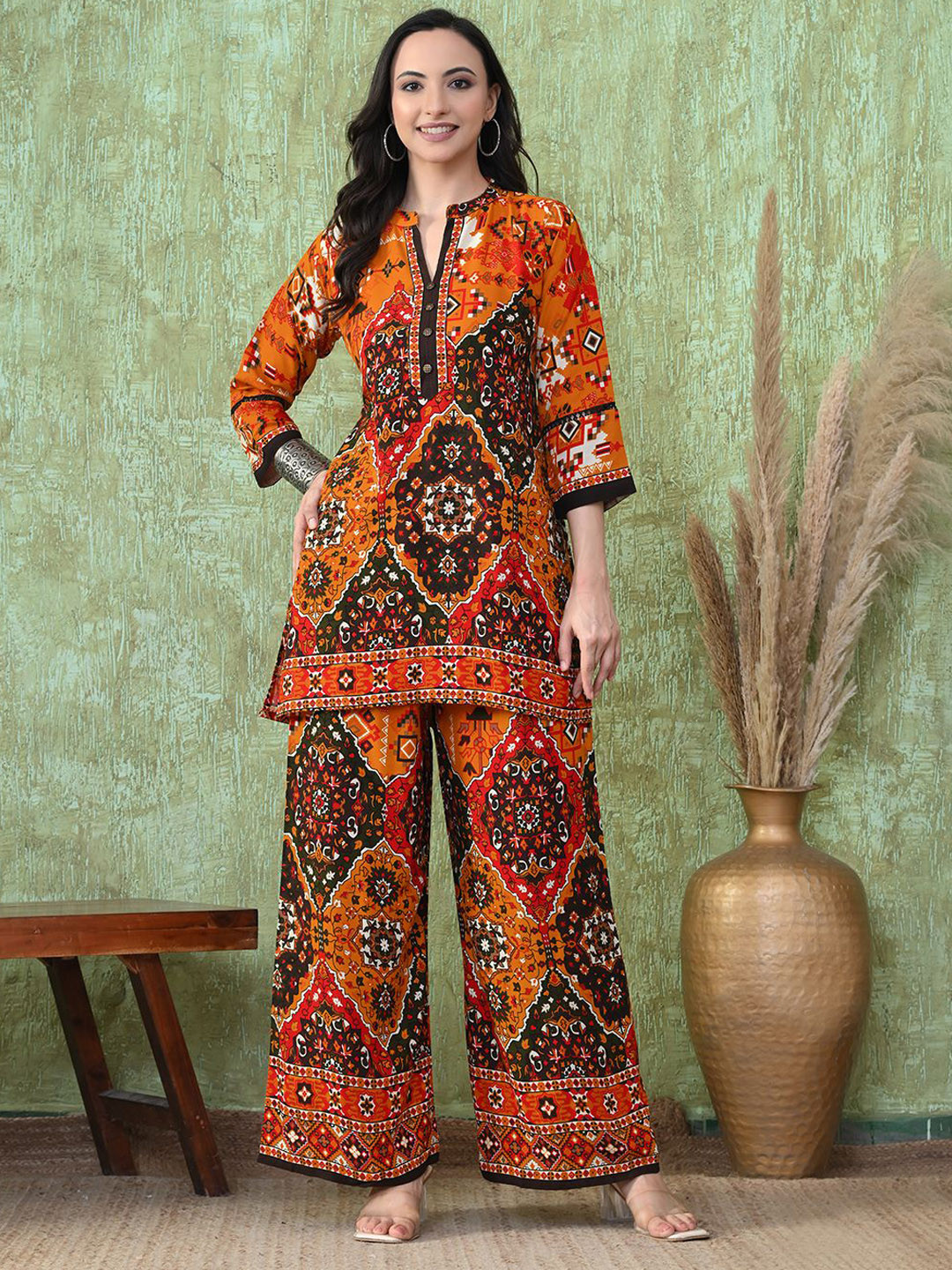 LIYALA Printed V-Neck Three-Fourth Sleeves Top With Palazzo Co-Ords