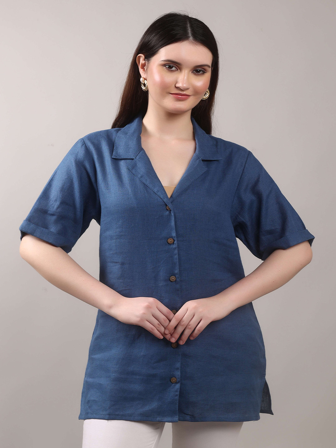 THE MAJESTIC PEACOCK Women Solid Cuban Collar Linen Casual Shirt