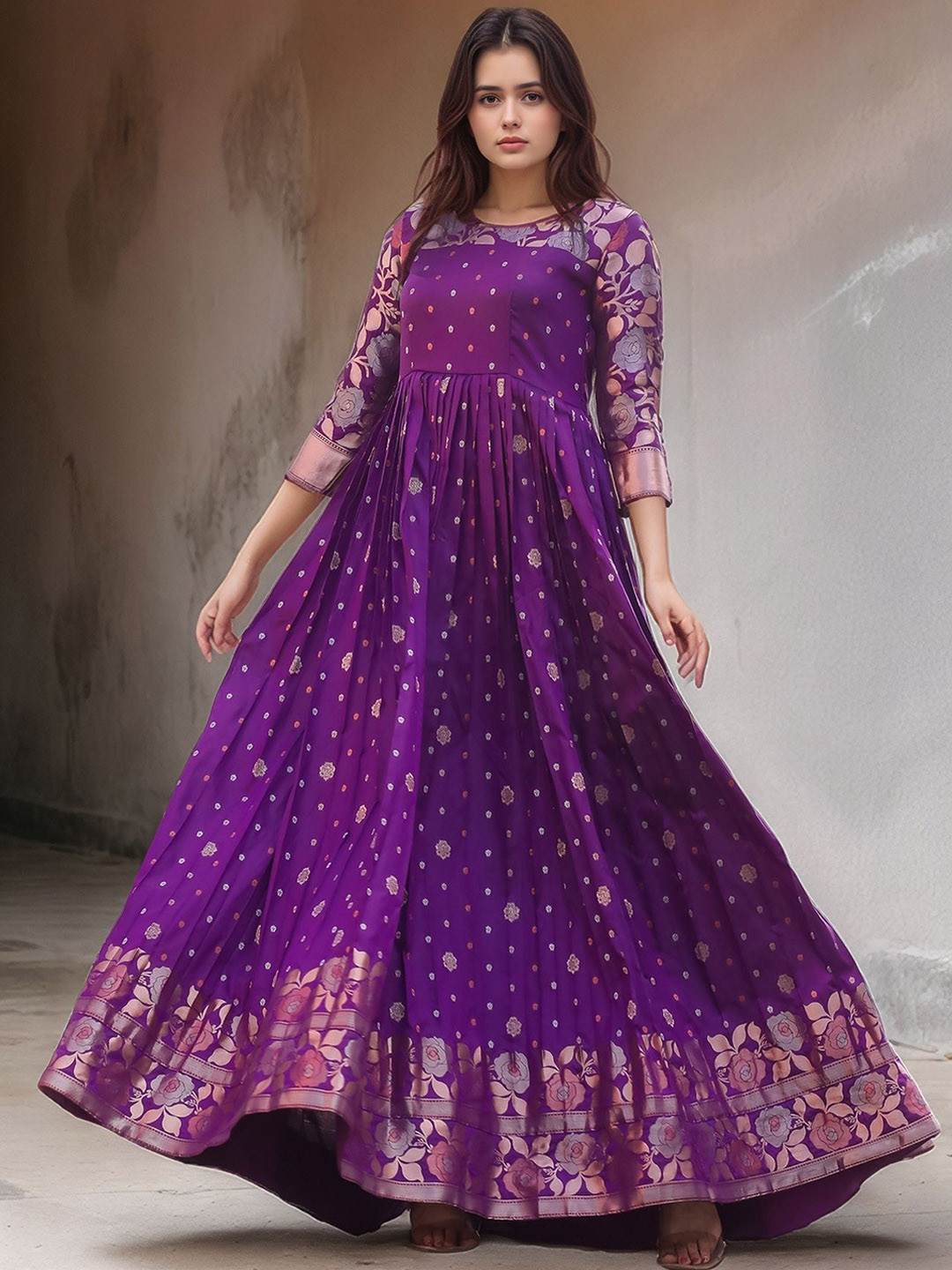 MORDEN MUSE Floral Printed Round Neck Fit & Flared Maxi Ethnic Dress