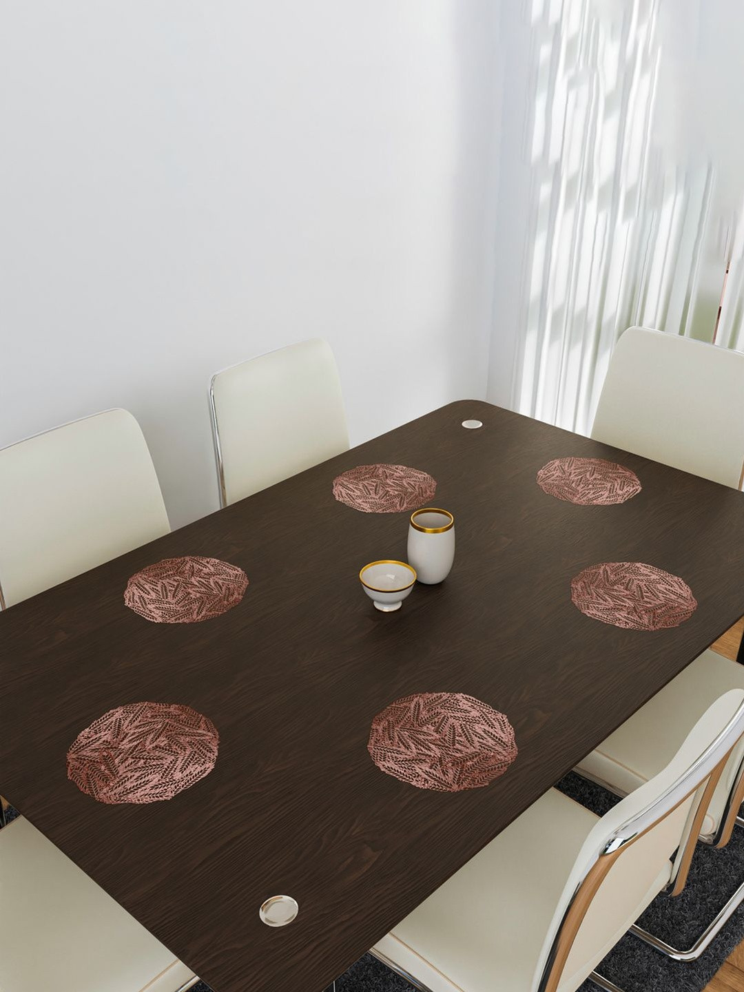 Aura Rose Gold-Toned 2 Pieces Self-Design Leather Round Shaped Table Placemats