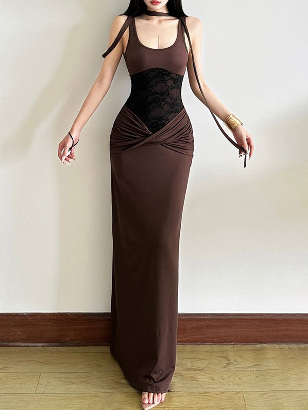 LULU & SKY Scarf Neck Gathered or Pleated Lace detail Bodycon Maxi Dress