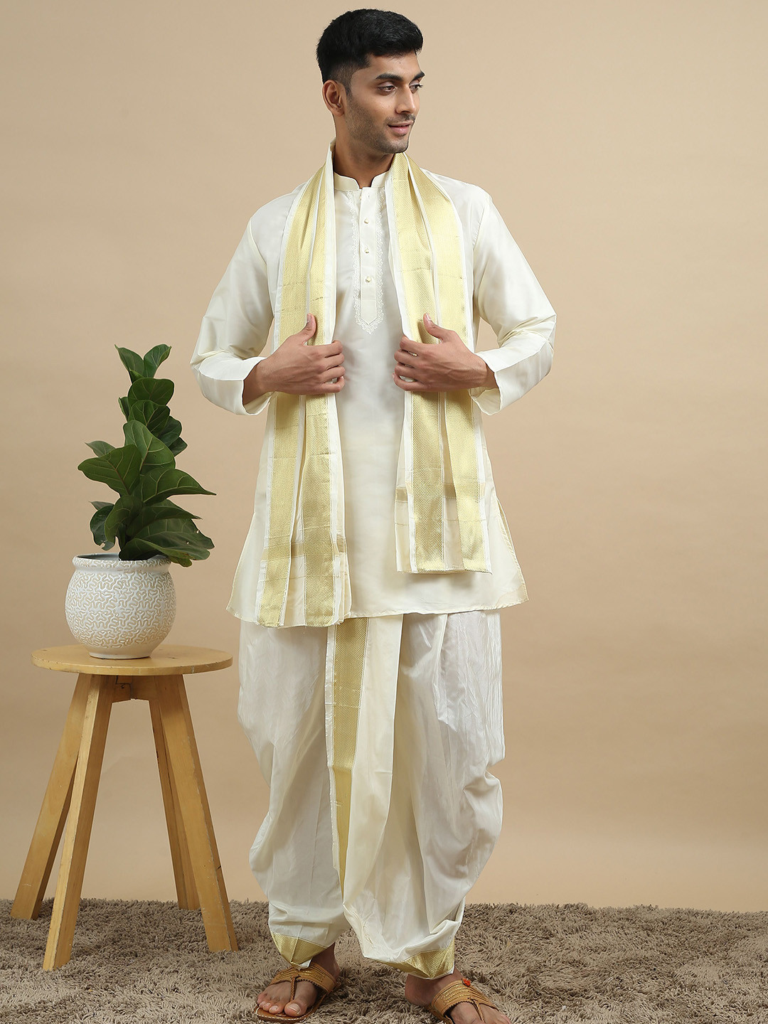 TATTVA Men Cream Embroidered Art Silk Regular Thread Work Kurta Set With Dupatta