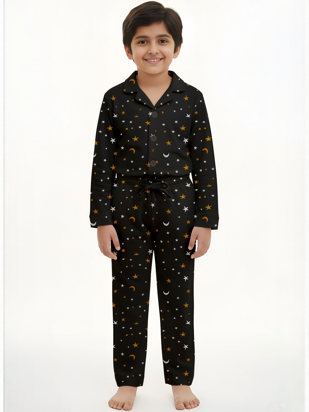 Fasha Unisex Kids Set Of 2 Black & Mustard Printed Shirt With Pyjama Clothing Set