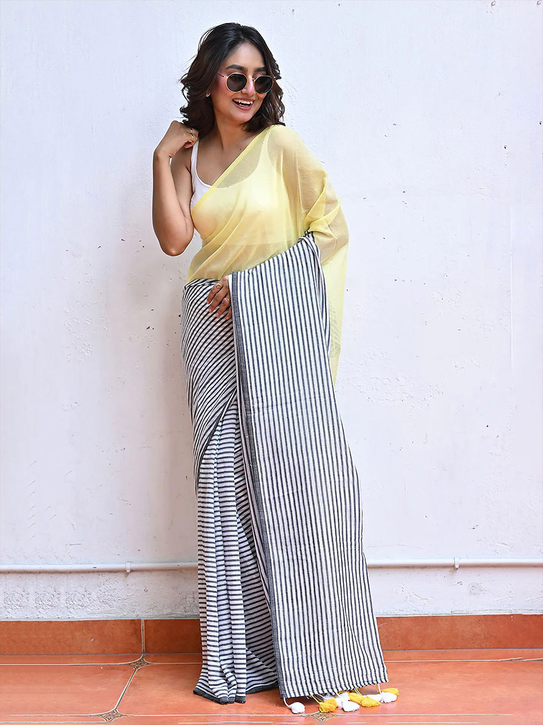 Mitera Striped Half and Half Block Print Saree