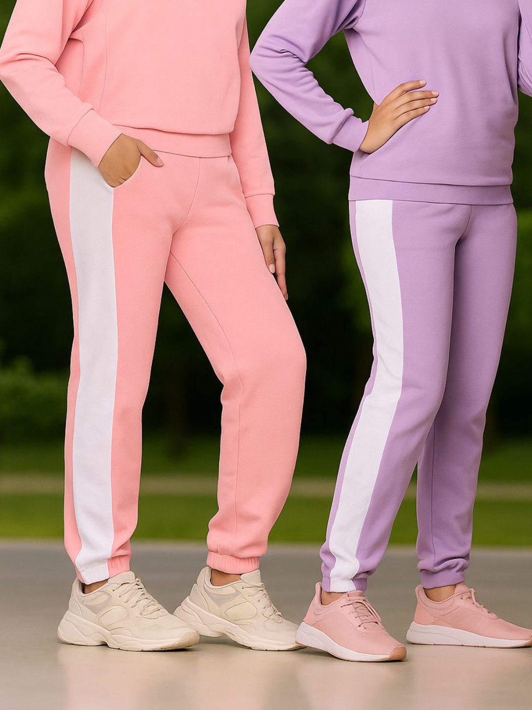 TotzTouch Girls Pack of 2 Pink & Purple Striped Solid Track Pant