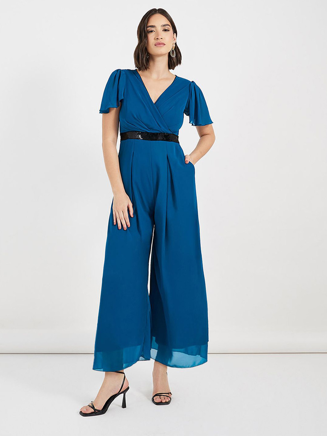 Miss Chase Women V-Neck Relaxed Fit Short Sleeve Ankle-Length Straight Jumpsuit