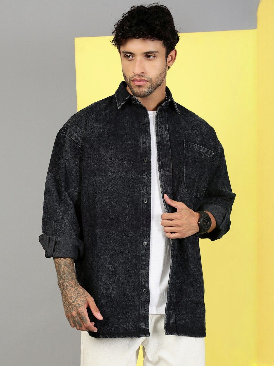 VOXATI Men Grey Oversized Denim Casual Shirt