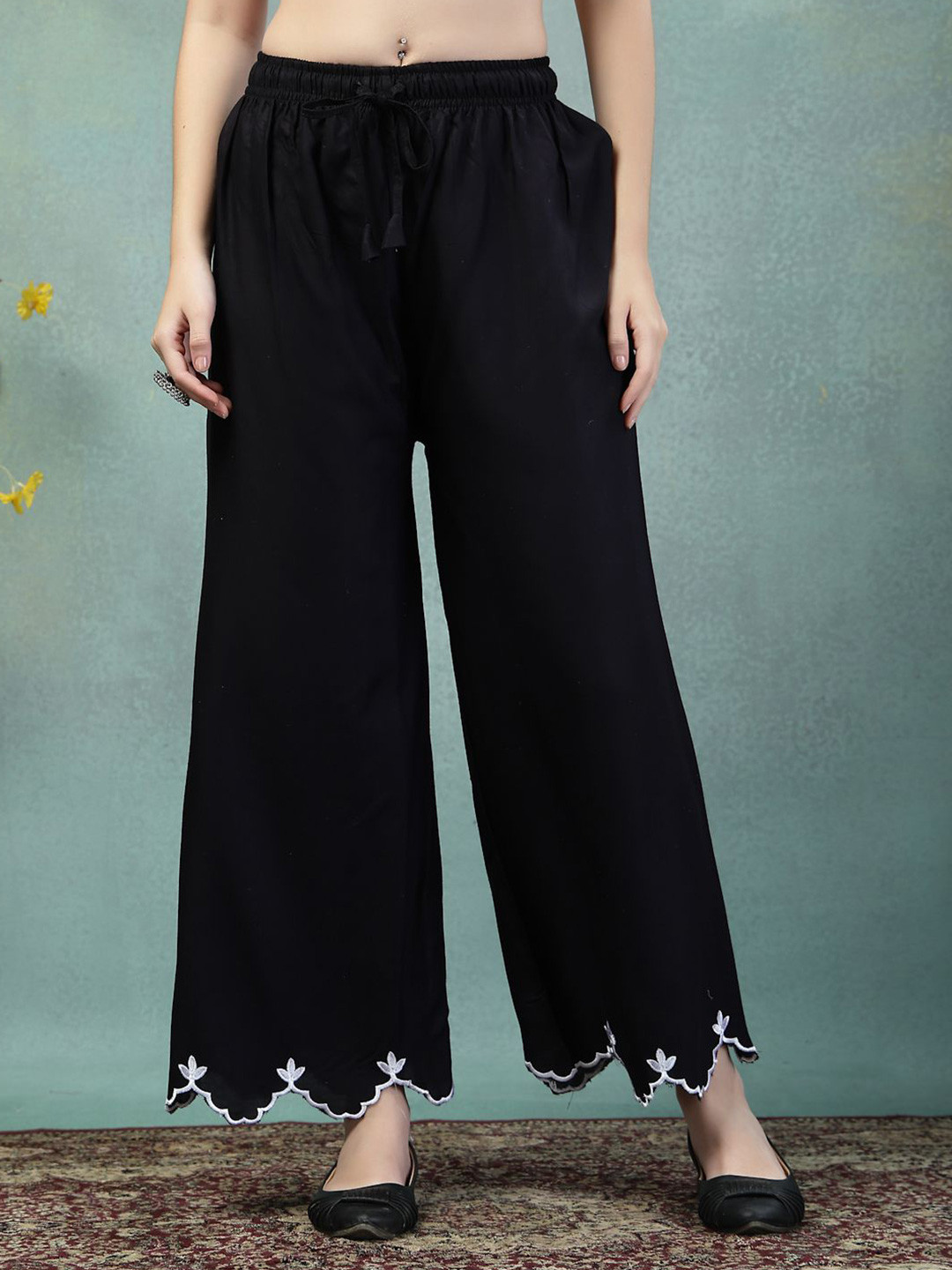 Clora Creation Women Embroidered Scalloped Hem Straight Ethnic Palazzos