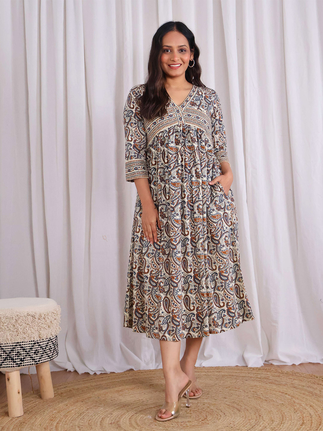 Sivaka India Women Paisley Printed Cotton A-Line Midi Dress