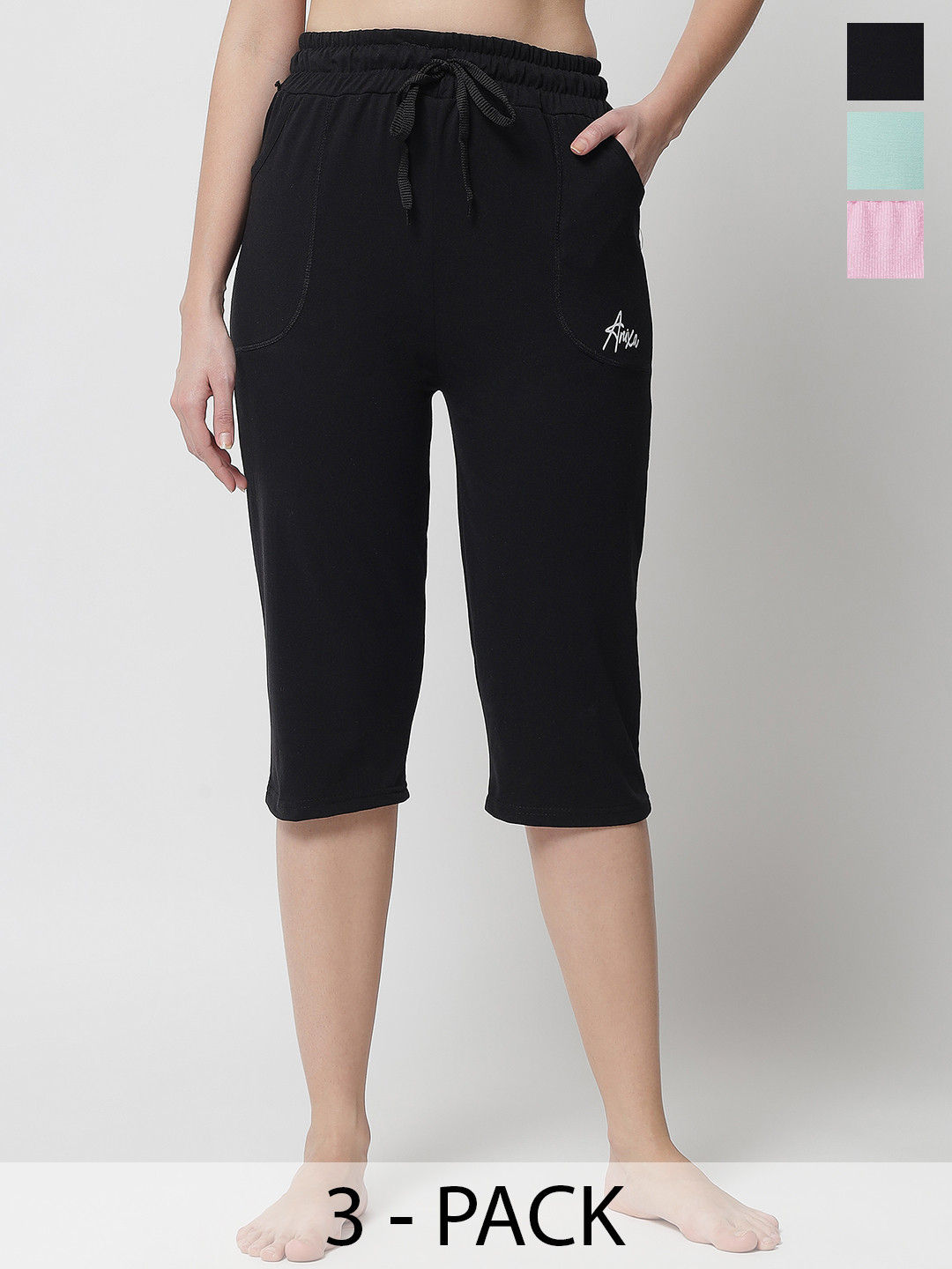 FIT N FAME Women Pack of 3 Multicolor Cotton Capris