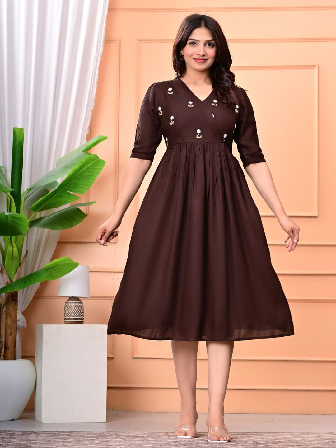 GREAT SELLER Women Floral Embroidered Wrap Midi Dress