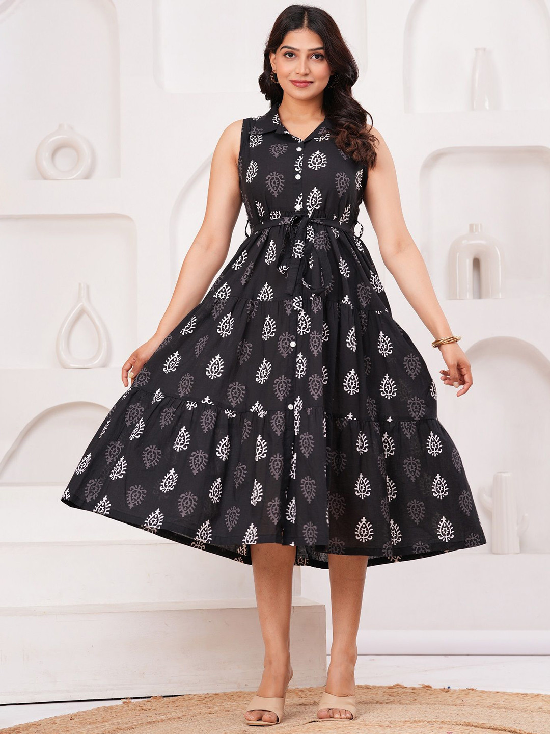 Clothy N Wave Women Ethnic Motifs Printed Shirt Collar Fit and Flare Dress