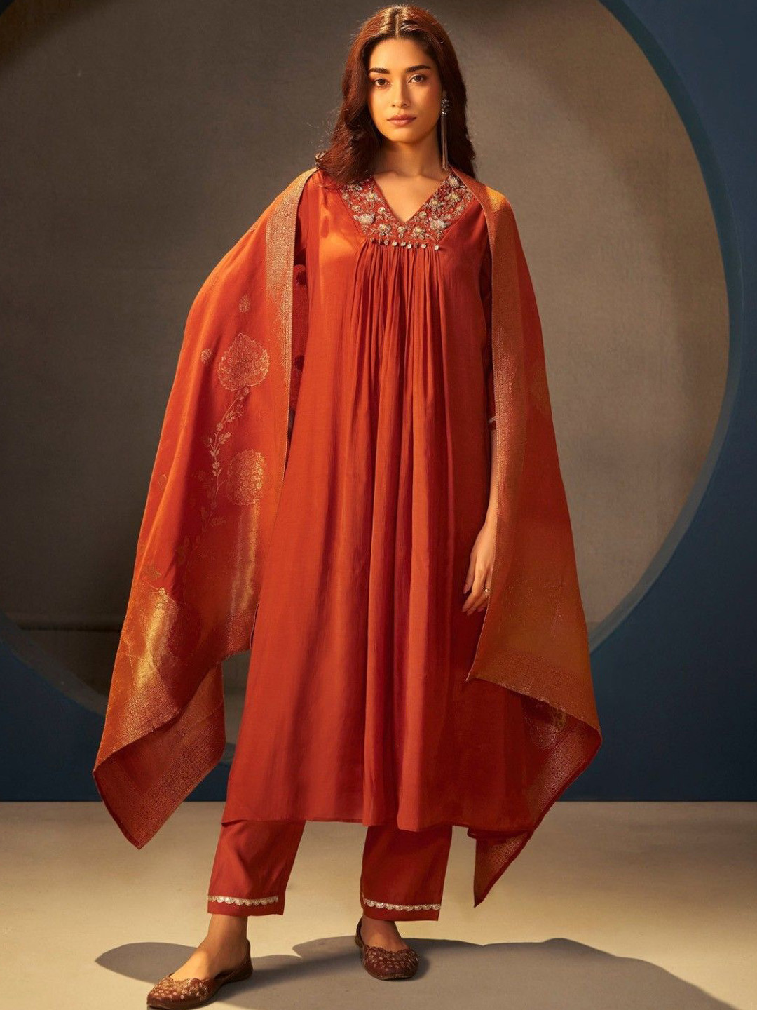 AUTUMN LANE Albeli Yam Floral Yoke Design Pleated A-Line Kurta With Trousers & Dupatta