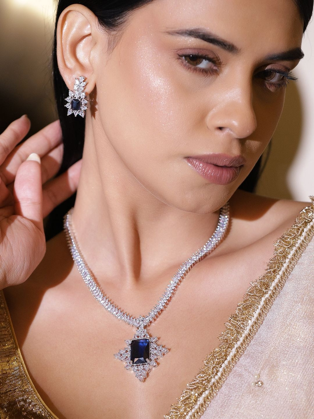 Rubans Rhodium-Plated Blue Sapphire & Cubic Zirconia Studded Pendant Frame Necklace Set