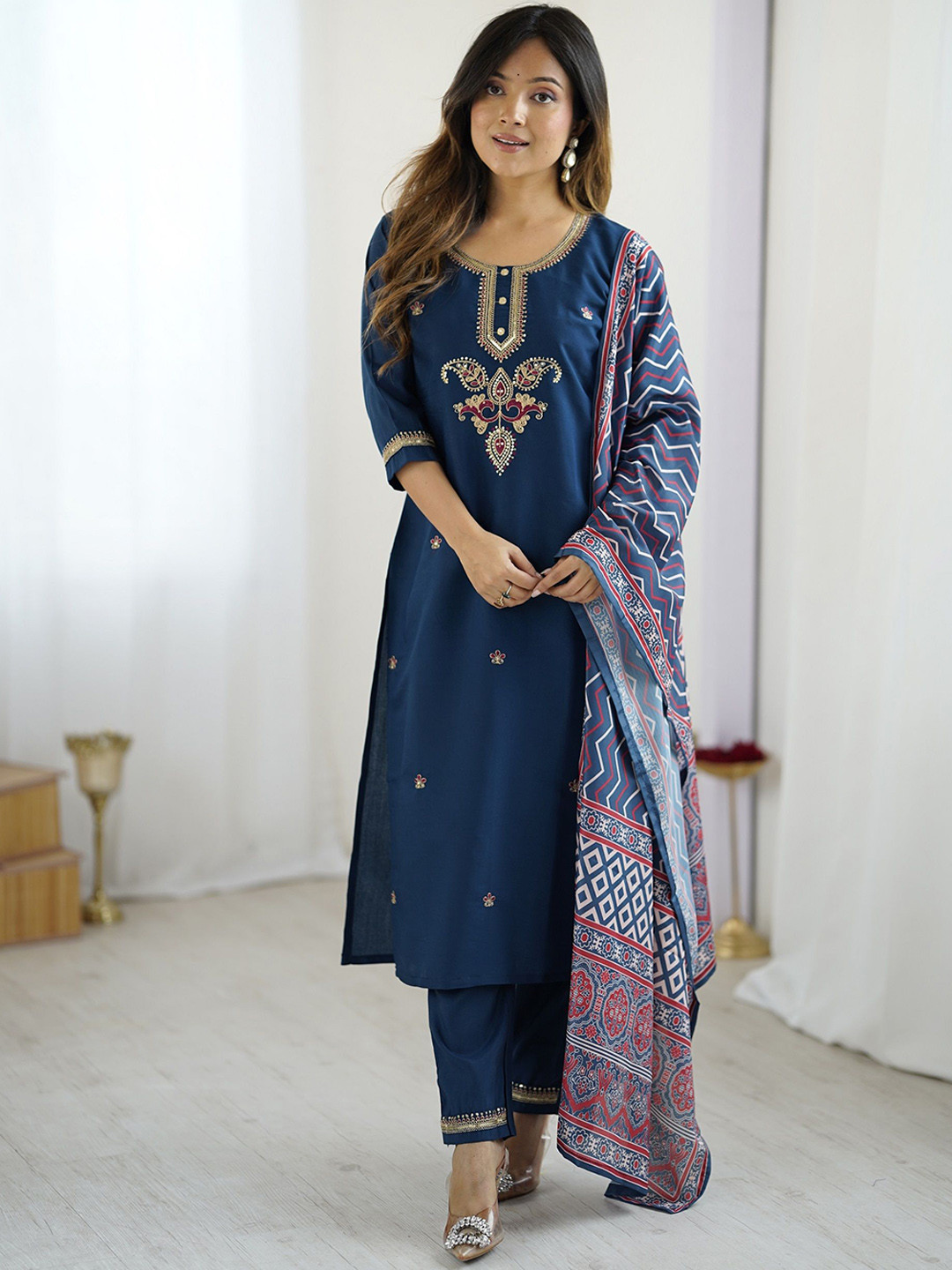 J.KANJI Women Ethnic Motifs Embroidered Regular Sequinned Kurta with Trousers & Dupatta