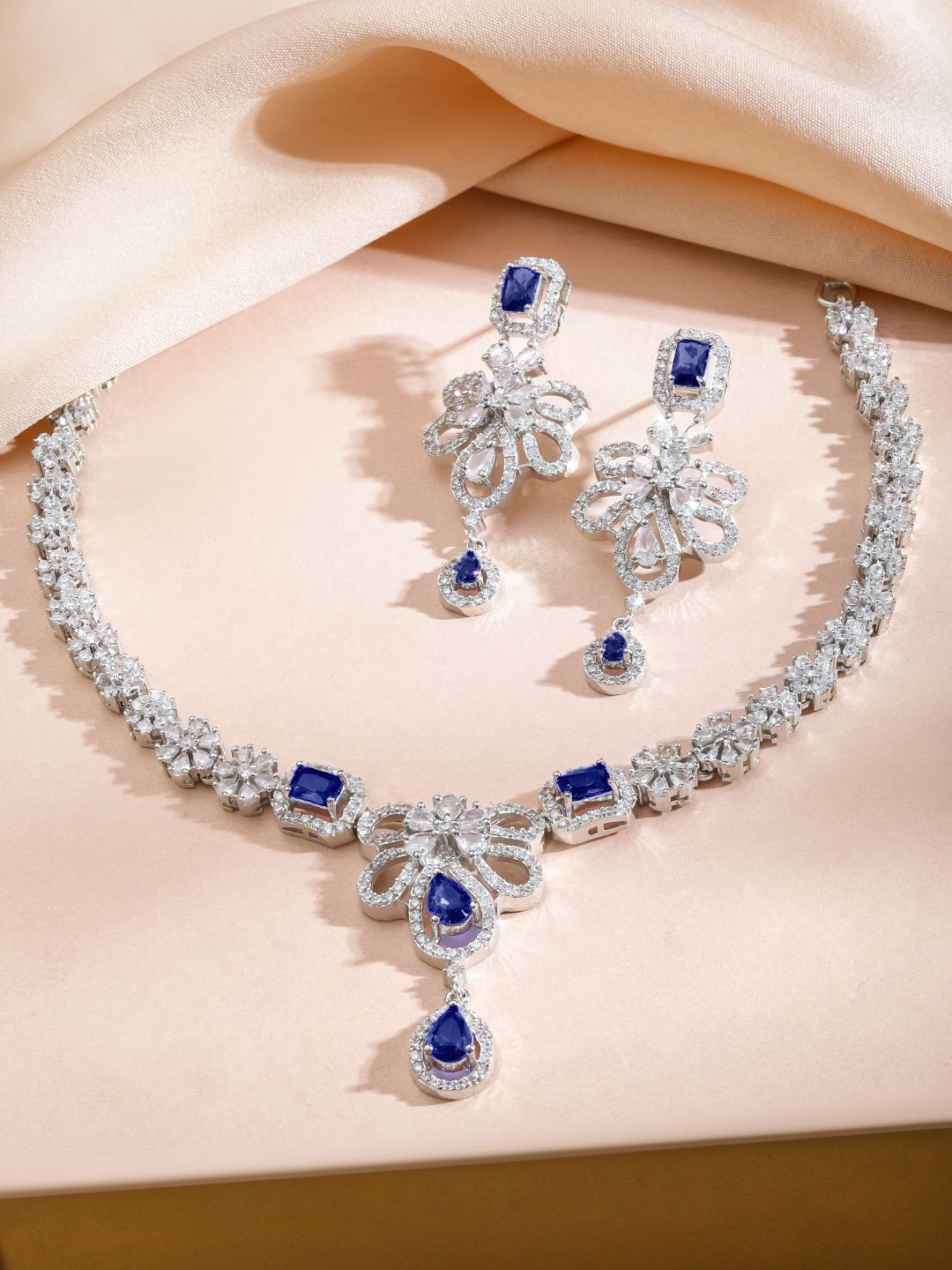 Rubans Rhodium-Plated Blue Sapphire & Cubic Zirconia Floral Motif Designer Necklace Set