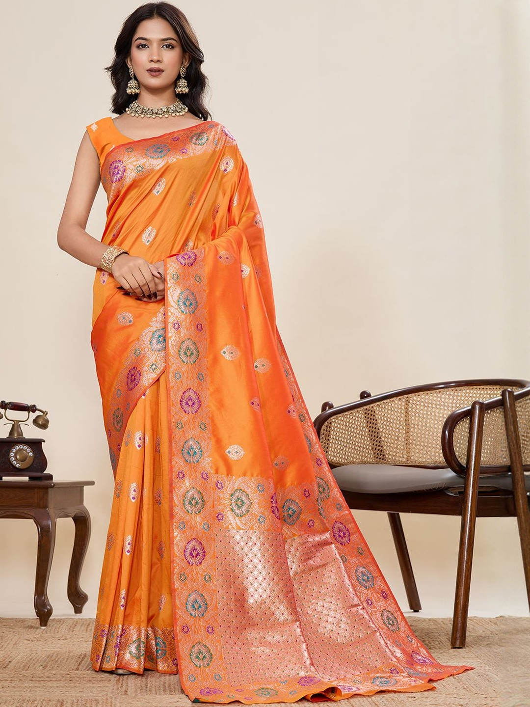 VS MALL Ethnic Motif Woven Design Zari Paithani Saree With Blouse Piece