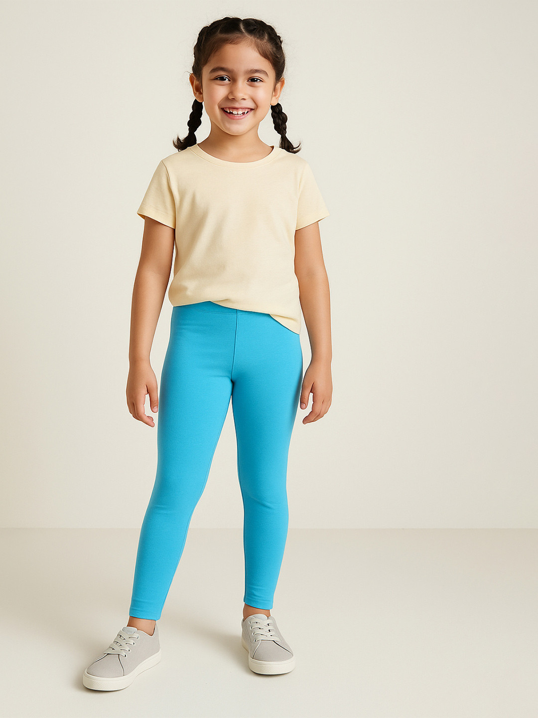 TALES & STORIES Girls Blue Solid Cotton Ankle-Length Leggings