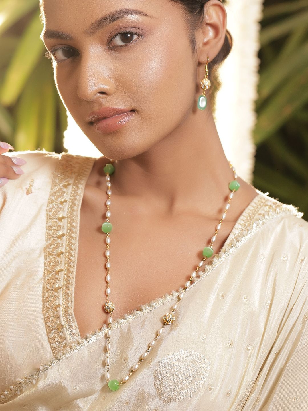 Rubans 22K Gold-Plated Long Pearl & Green Beaded Necklace Set with Golden Filigree Beads