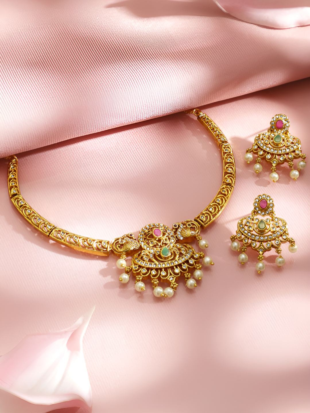 Rubans 22K Gold-Plated Ruby, Emerald & CZ and Pearl Bead Lakshmi Motif Temple Necklace Set