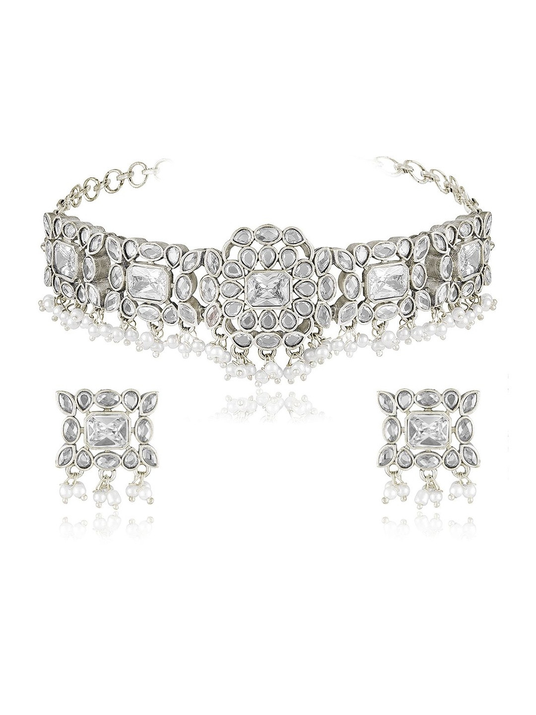 Peora Silver-Plated Crystal & Lariya Studded & Beaded Oxidised Jewellery Set