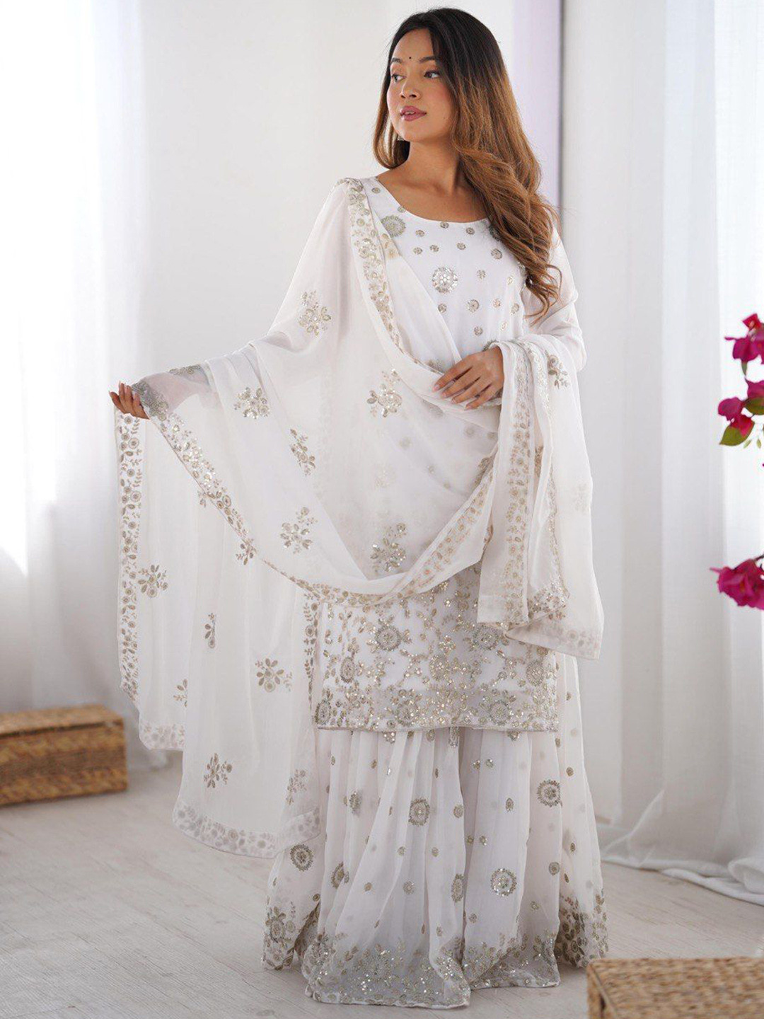 CAPITALHAVEN Floral Embroidered Sequinned Anarkali Kurta With Sharara & Dupatta