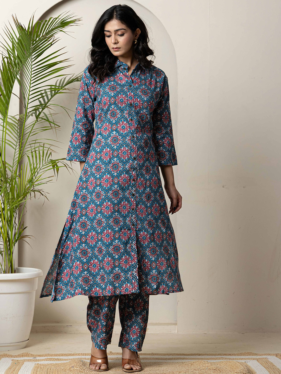 R RANAK CREATION Women Ethnic Motifs Printed Pure Cotton A-Line Kurta with Trousers