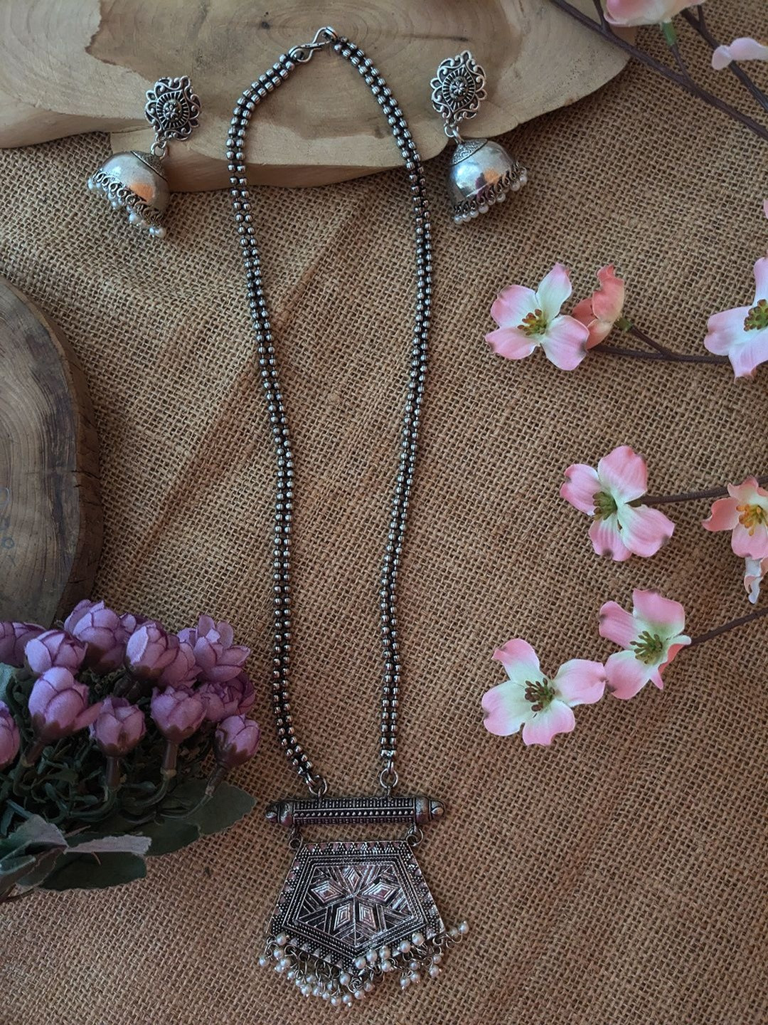 VEDAJ Silver Plated Oxidised Long Necklace with Jhumka Set