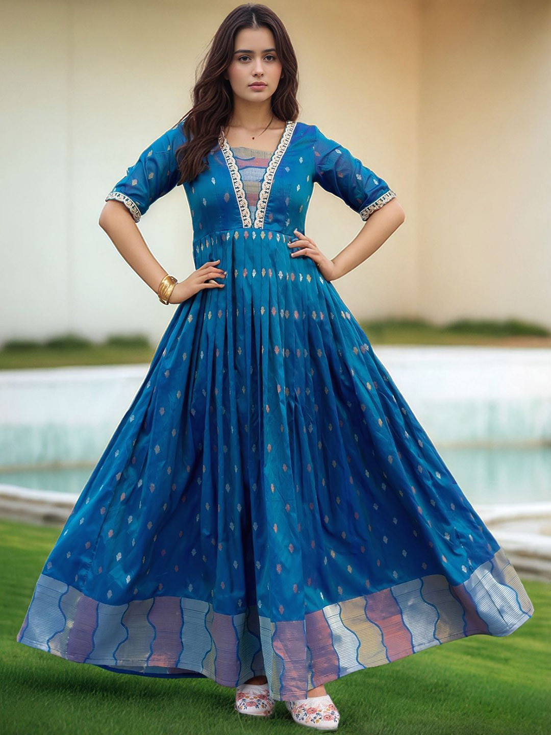 MORDEN MUSE Women Ethnic Motif Printed V Neck Silk Fit and Flare Ethnic Dress