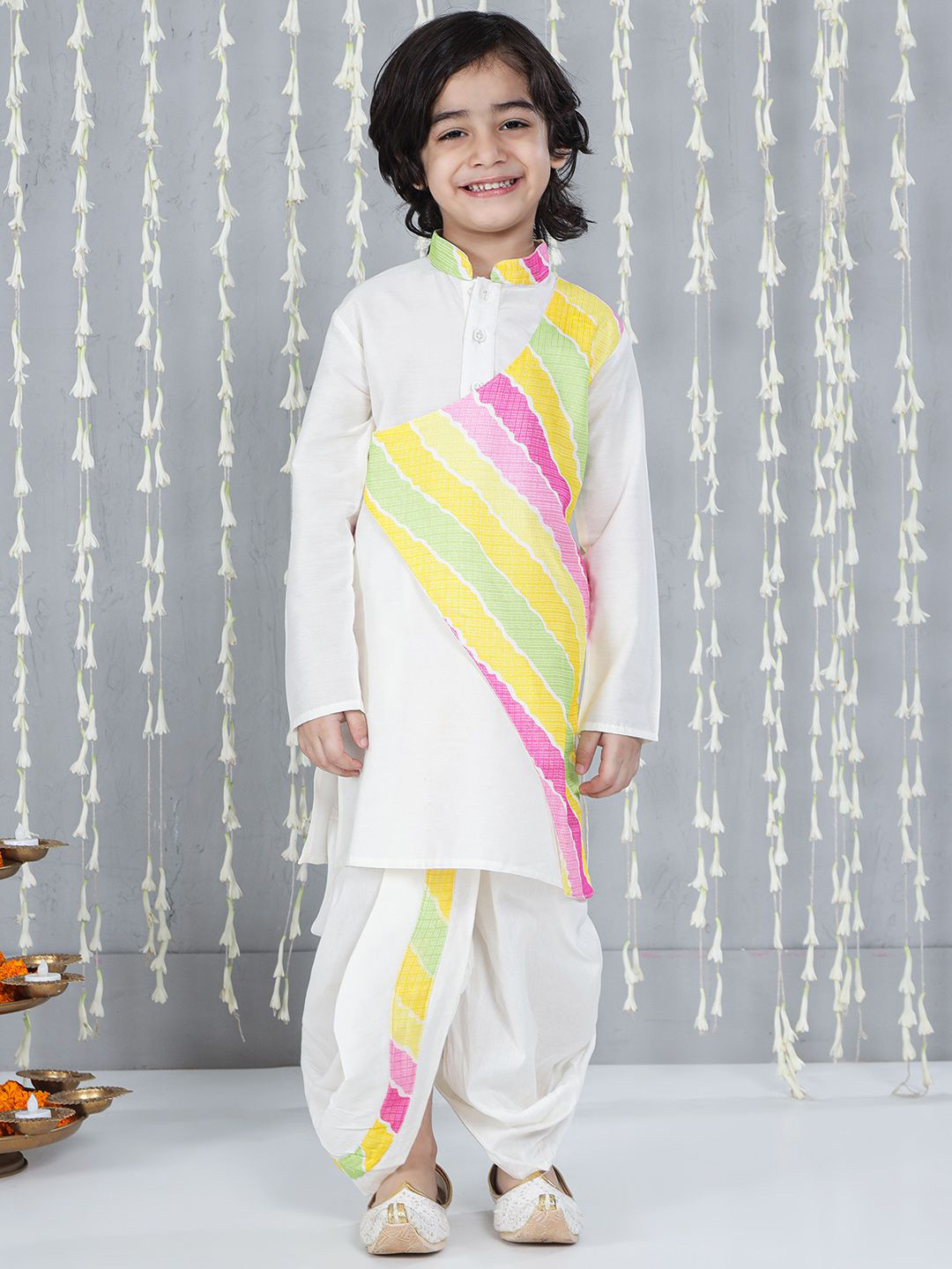 KID1 Boys White Silk Blend Attached Jacket Kurta Dhoti