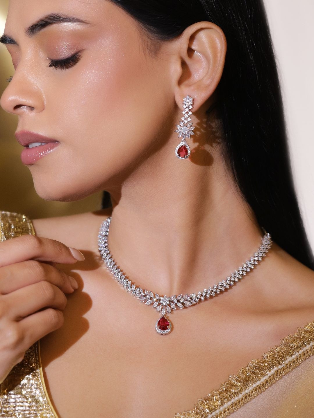 Rubans Rhodium-Plated Cubic Zirconia & Ruby Red Stone Studded Drop Necklace Set
