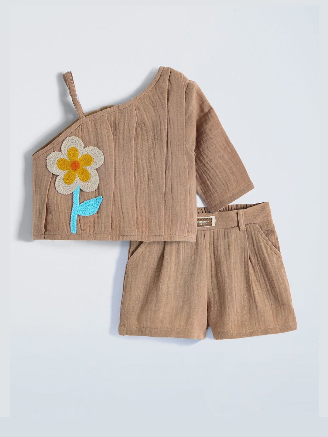 Hopscotch Girls Beige Cotton Crochet Floral Applique Shorts  Clothing Set