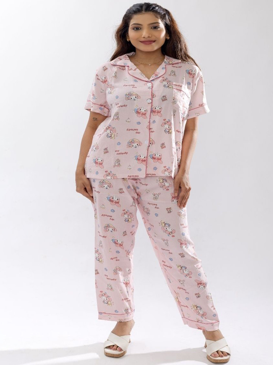 Cherry Lush Printed Lapel Collar Short Sleeves Pocket detailing Night Suit