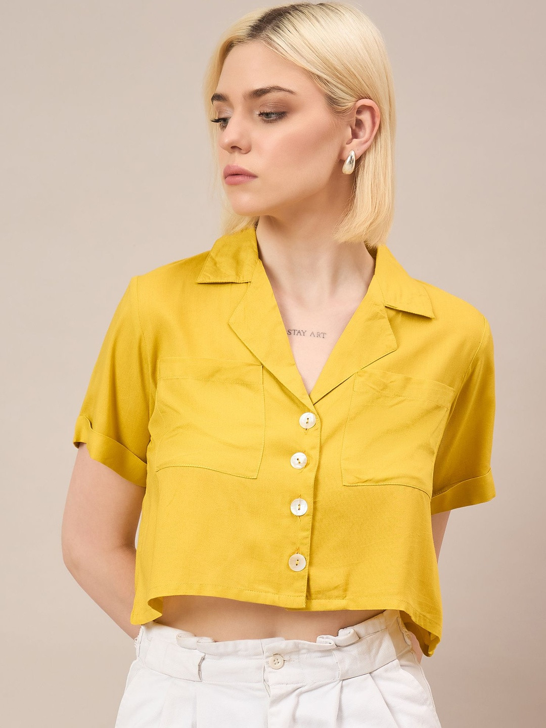 Roadster Women Mustard Yellow Button-Down Short Sleeves Cropped Shirt