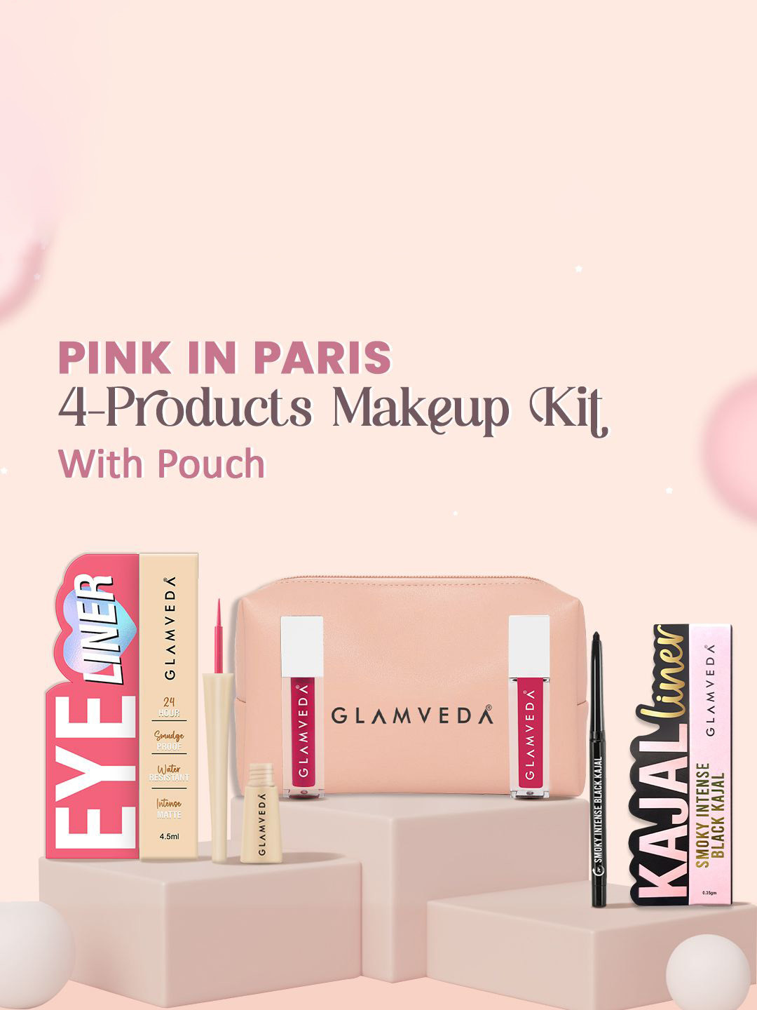 GLAMVEDA Set Of 4 Intense Black Kajal, Eyeliner, Lip Gloss & Lipstick Gift Set