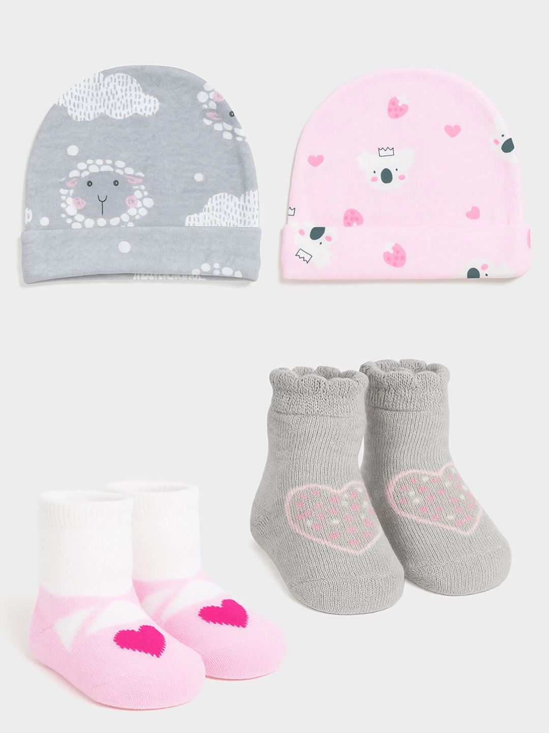 MiArcus Infant Girls Pack Of 2 Printed Beanie Caps with Ankle Length Printed Socks