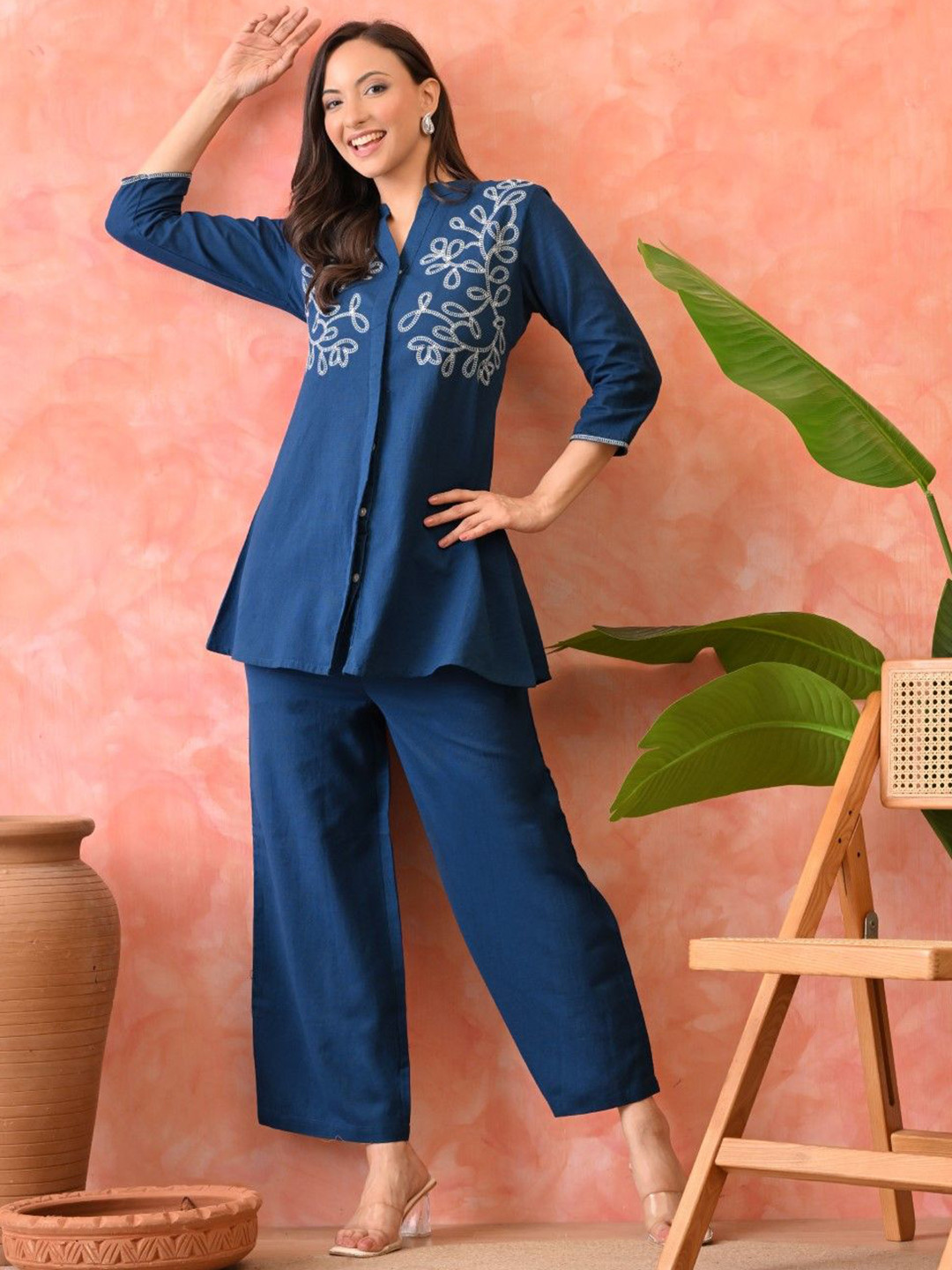 AUTUMN LANE Omra Hibis Embroidered Pure Cotton Tunic & Trousers Co-Ords