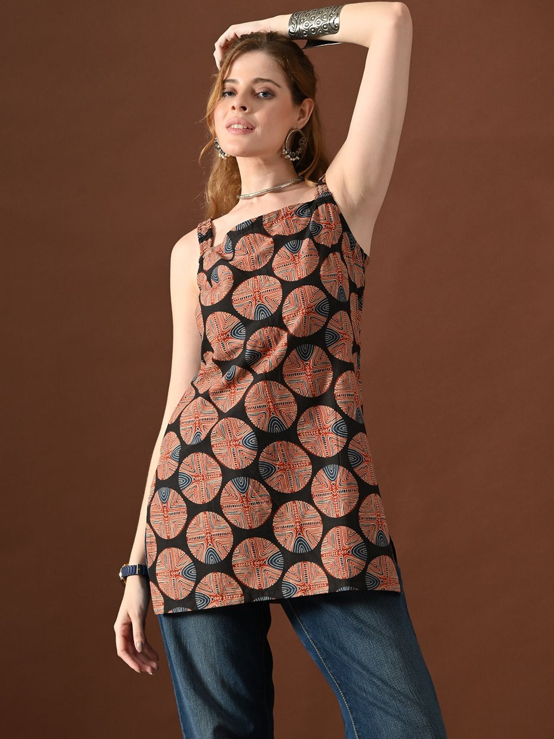 KALINI Women Black Geometrical Print Tisca Backless Kurti