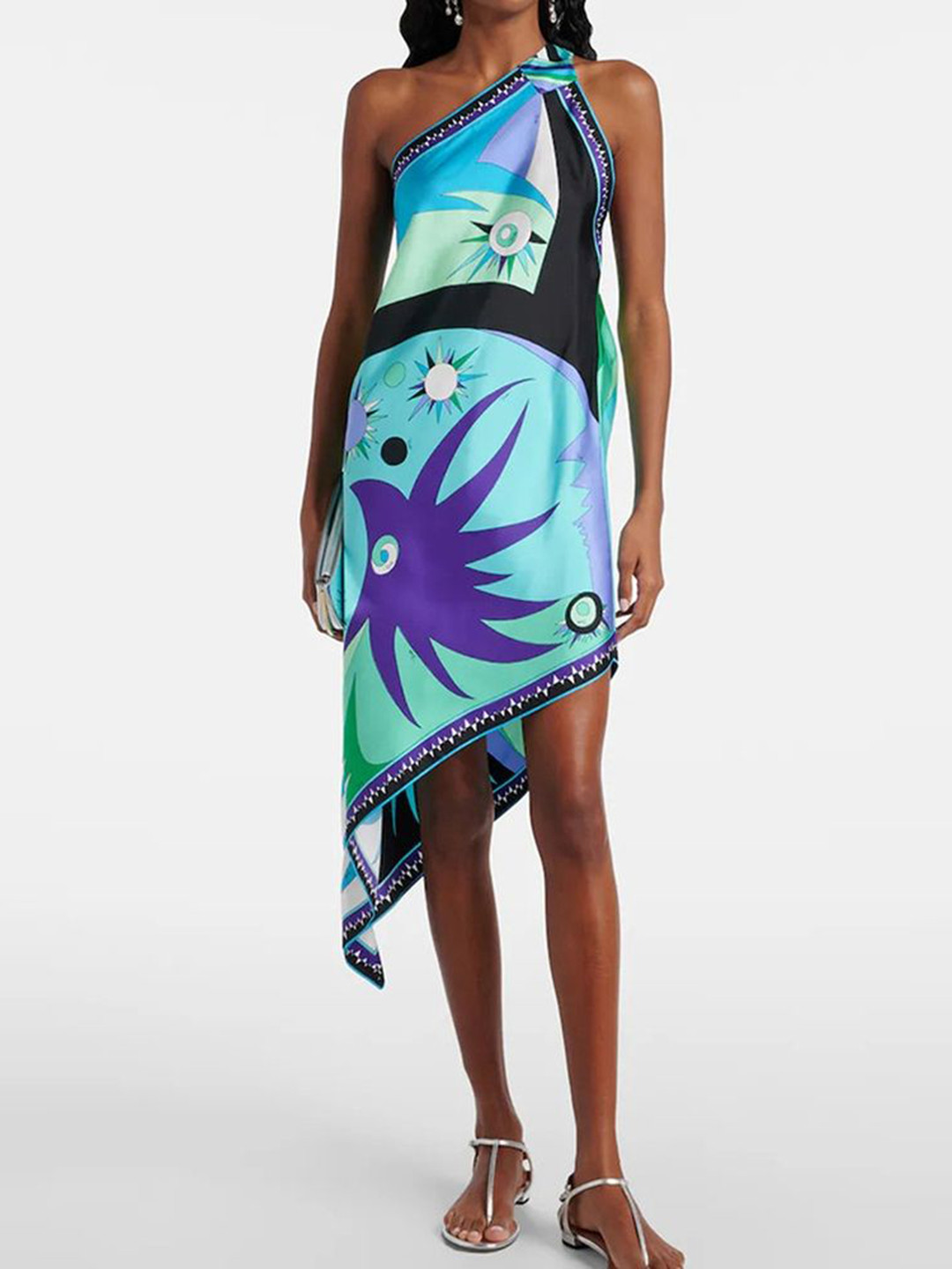 LULU & SKY Abstract Printed One Shoulder Asymmetrical Aline Dress