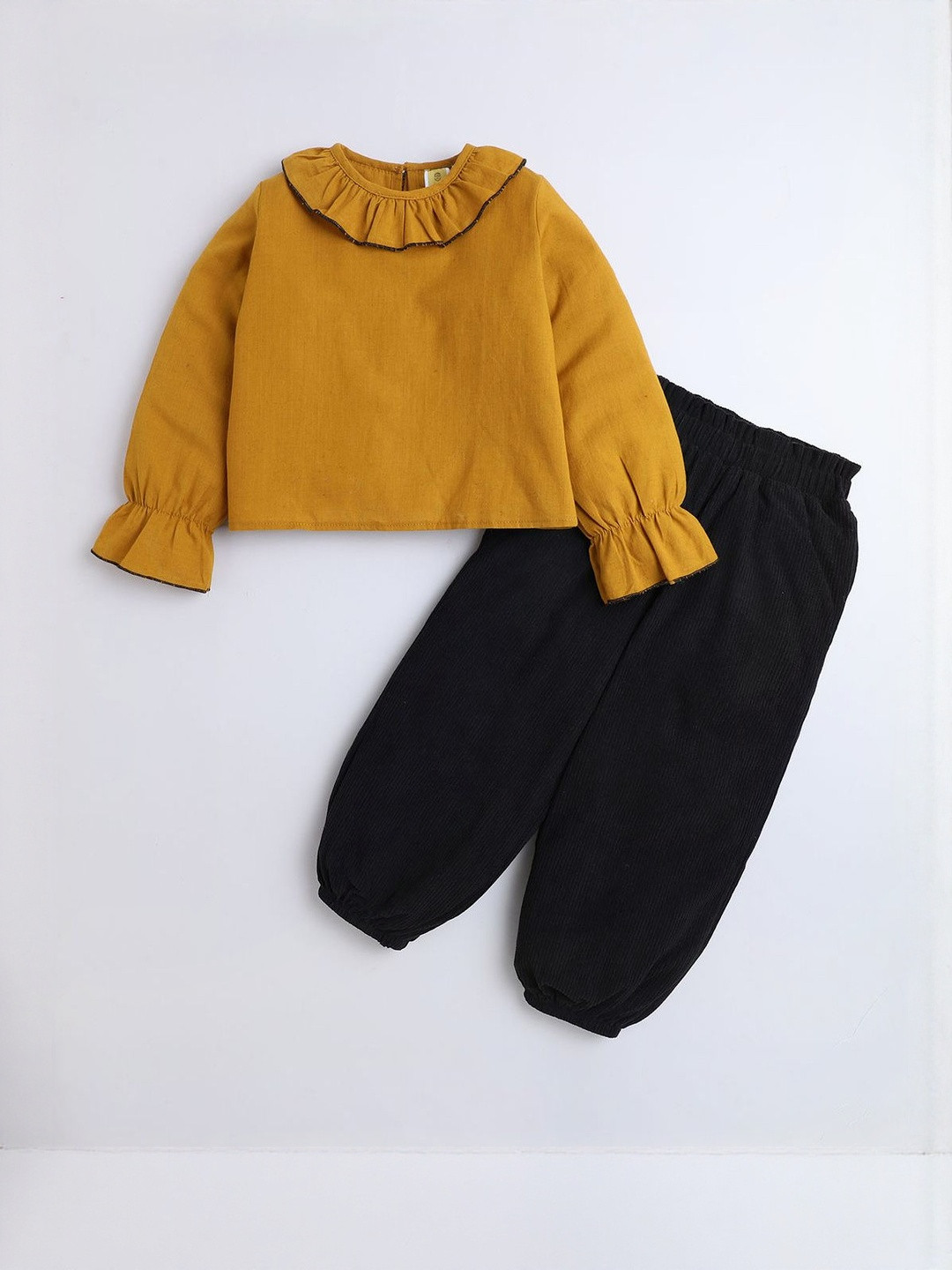 Hopscotch Girls Mustard & Black Solid Ruffle Embellished  Top with Trousers Clothing Set