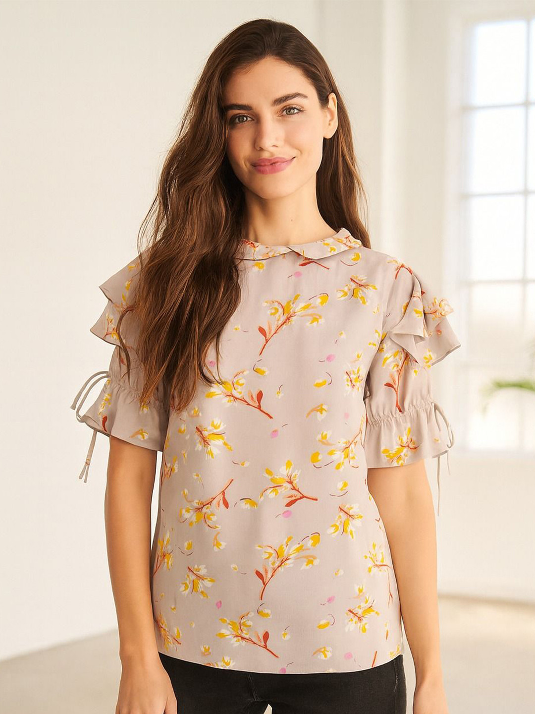 4WRD by Dressberry Women Brown Floral Printed Georgette Top