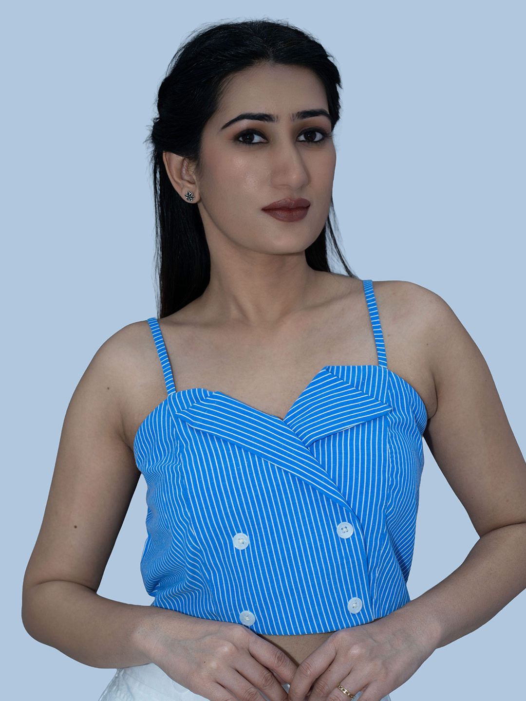 BELLO DONA CLOTHING Striped Printed Shoulder Strap Cotton Crop Top