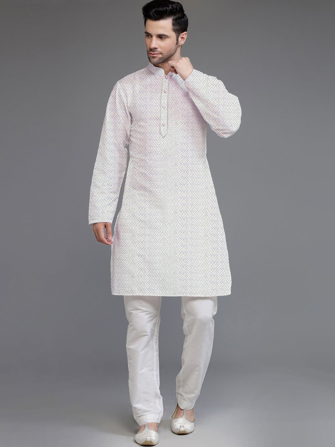 Utsav Fashion Men Embroidered Georgette Kurta Set in Cream