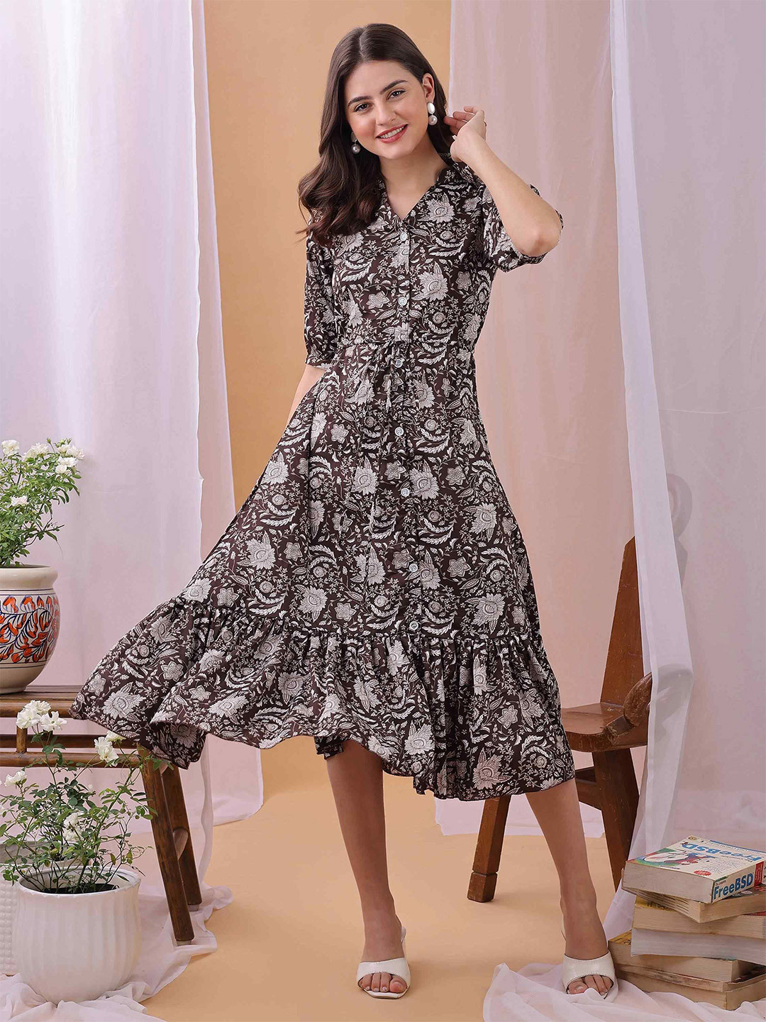 YANAMORA Women Floral Printed Puff Sleeve Layered Shirt Midi Dress