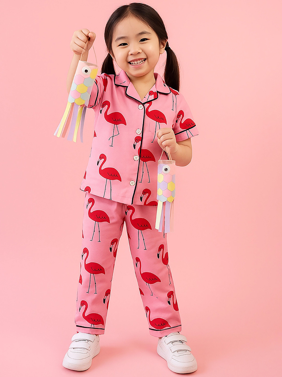 NAP STORY Girls Flamingo Printed Pure Cotton Shirt Collar Short Sleeves Night Suit