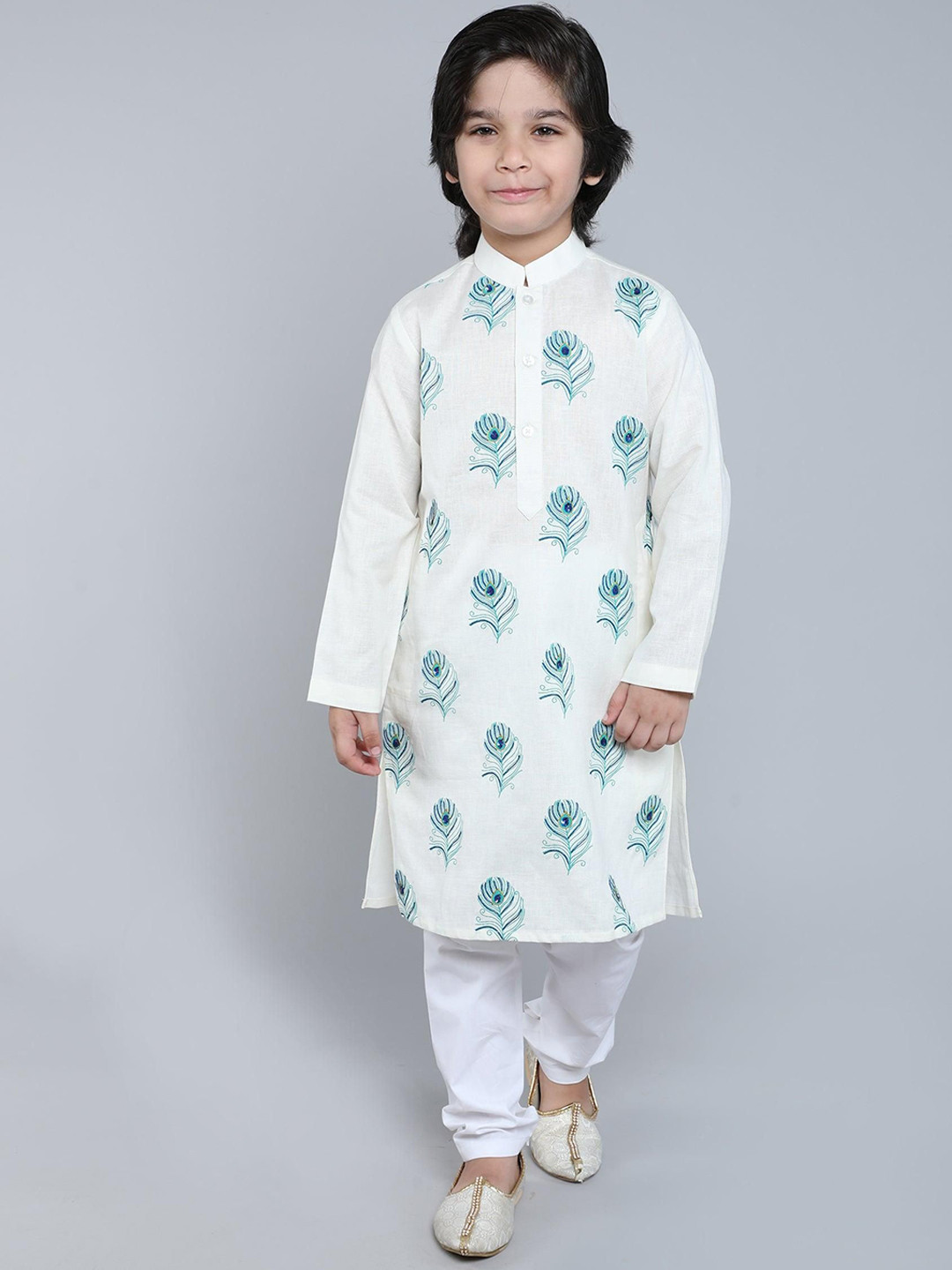 Little Clothings Boys Peacock Feather Embroidered Long Sleeves Kurta With Churidar
