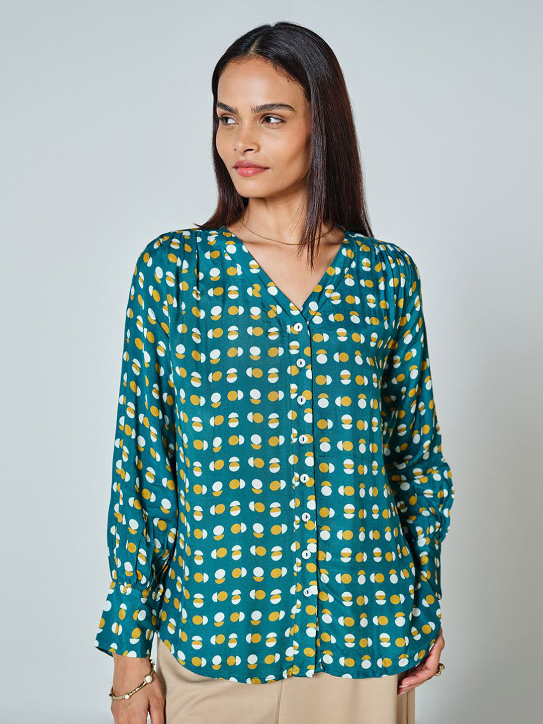 AND Women Polka Dot Print V-Neck Top